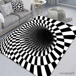 Carpets Vortex Illusion Rug 3D Trap Effect Bottomless Hole Carpet Geometric Black White Grid Bedroom Living Room Anti Slip Floor Mats R230801