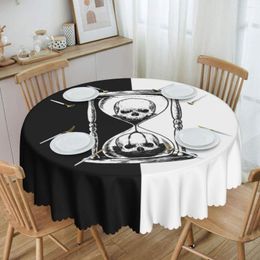 Black and White Unus Annus Half Logo round halloween tablecloth with Oilproof Memento Mori and Ethan Mark Hourglass Cover for Kitchen Table