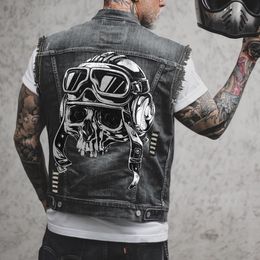 Men's Vests Men's Spring/Summer Outdoor Cycling Motorcycle Punk Print Pattern Hollow Out Raw Edge Sleeveless Tank Top Denim Jacket 230731