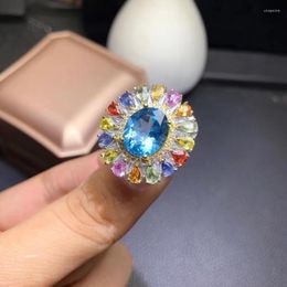 Cluster Rings Luxurious Round Sun Flower Natural Multicolor Sapphire Gem Ring S925 Silver Blue Topaz Women's Party Gift Jewelry