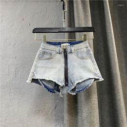 Women's Jeans 2023 Summer Denim Shorts With Front Zipper Elastic High Waist Slim Fit Ragged Hem Pants