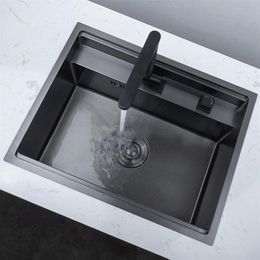 Black Hidden Kitchen Sinks With Folded Faucet Kitchen Sink Stainless Steel Double Bowl Above Bar Counter Undermount Laundry Sink290V