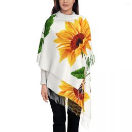 Scarves Personalized Printed Watercolor Yellow Sunflower With Green Leaves Long Pile Fringe Men Scarf Women'S Anti Chill