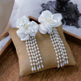 Backs Earrings Lifefontier White Fabric Flower Clip On For Women Handmade Tassel Pearl Wedding Bride Non Pierced Earring Jewelry 2023