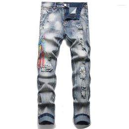 Men's Jeans Punk Trend Retro Blue Mid-Waist Slim Stretch Pencil Pants Ripped Beggar Trousers Hip Hop Biker Clothing