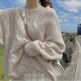 Women's Sweaters Korean Fashion Mohair Pullovers Loose Fitting Cut Out Knit Shirt O Neck Knitting Hollow Soft Thin Knitwear