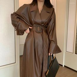 Women's Leather Spring Autumn Long Black Soft Pu Trench Coat For Women Belt Single Breasted Brown Korean Fashion Jacket Q429