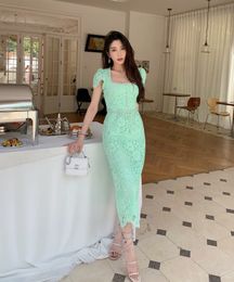 European Station 2023 Dress Summer New Product Celebrity Light Luxury Square Neck Diamond Embellishment Lace Slim Fit Wrap Hip Split Skirt.July