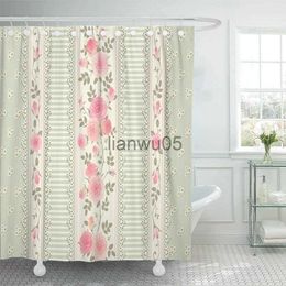 Shower Curtains Floral Collection 66 x 72 inches Green Delicate Floral Pattern with Laces Stripes and Pink Roses Shabby Shower Curtains x0731