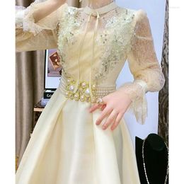 Casual Dresses Women Sweet Mesh Beading Long Lantern Sleeve A-Line Mini Dress Spring Autumn Elegant Vintage Ball Gowns Robes