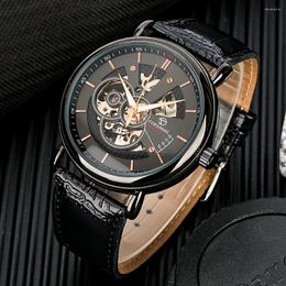 Wristwatches Mechanical Wristwatch For Men Automatic Leather Black Skeleton Dial Luxury Fashion Watch Gift Reloj Mecanico