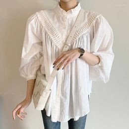 Women's Blouses WDMSNA Fashion Blouse Women Stand Neck Crimped Embroidery Blusas Single Breasted Loose Lantern Sleeve Shirt For