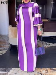 Casual Dresses 2023 VONDA Elegant Striped Printed Long Dress Women Summer Lantern Sleeve Loose Sundress Bohemian Party Maxi Robe