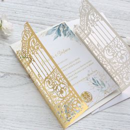 Greeting Cards Metallic Gold Gate Laset Cut Wedding Invitation Cards 50 Sets Personalized Printing Marriage Celebrity Party Invites 230731