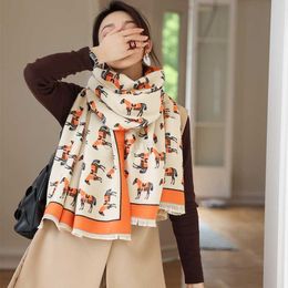 Scarves Luxury Horse Print Imitate Cashmere Long Scarf Women Fashion Shawl Stole Winter Warm Blanket Kerchief Bufanda Pashmina Y23