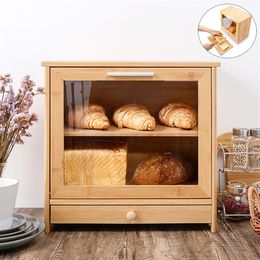 Bamboo Bread Box Storage Box Bins With Cutting Board Double Layers Drawer Large Food Containers Kitchen Organizer Home Decor 20101315y