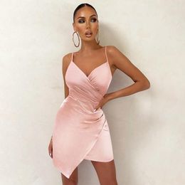 Casual Dresses Sexy Spaghetti Strap Camisole Bodycon Dress For Women's Elegant Deep V Neck Pink Evening Party Club Summer Vestidos 2023