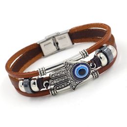 Cross-border supply Fatima palm evil eye beads bracelet with multilayer woven stainless steel bracelet