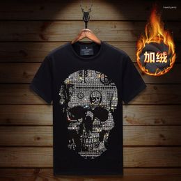 Men's T Shirts Plus Size Skulls Rhinestones Men Streetwear Winter Thick Heat Velvet Tops Short Sleeve O Neck Slim T-shirts Man Camisas