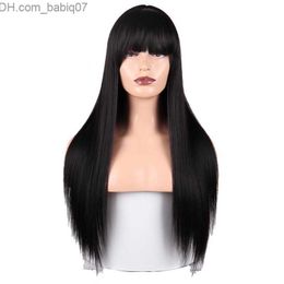 Synthetic Wigs Long Black Silky Straight Full Bangs Wigs 180% Density Japanese Fibre Hair Synthetic None Lace Wigs Baby Hair 24inches for Fashion Girl Z230801