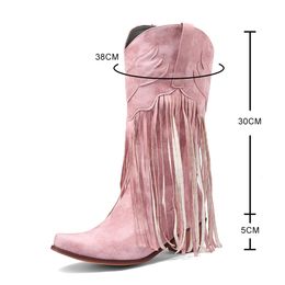 Boots Pink Tassels Fringe Mid-Calf Western Cowboy Boots For Women Vintage Retro Point Toe Cowgirl Booties Slip On Shoes Blue 230801