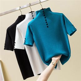 Women's Sweaters 2023 Summer Casual Knitted Button Sweater Women Turtleneck Short Sleeve Slim Solid Womens Ladies Pullovers Tops Female