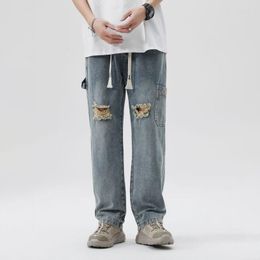 Men's Jeans TFETTERS 2023 Spring Autumn Hole Ripped Men Multi Pocket Baggy Straight Unisex Streetwear Hip-hop Clothing