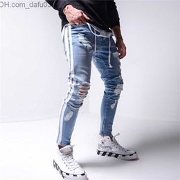 Men's Jeans Men's Jeans Skinny ripped jeans men Pants Pencil Biker Side Striped Destroyed Hole Hip Hop Slim Fit Man Stretchy Jean Print 221108 Z230801