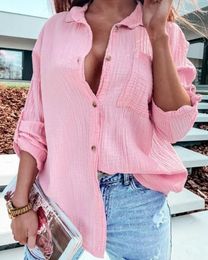 Women's Blouses Casual Shirt For Women Cotton Turn-Down Collar Long Sleeve Regular Daily Roll Up Buttoned Pocket Design Top