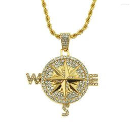 Pendant Necklaces Hip Hop Rhinestones Paved Bling Iced Out Compass Round Pendants Necklace For Men Rapper Jewellery Gold Silver Colour Drop