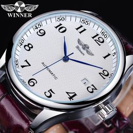 Wristwatches Winner Retro Classic Design Calendar Casual Belt Blue Hands Men's Fashion Automatic Mechanical Watches Top Brand Luxury Relogios 230731