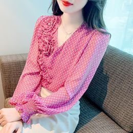 Women's Blouses 2023 Autumn Long Sleeved Chiffon Shirt Elegant Slim V-Neck Printed Rose Red Tops