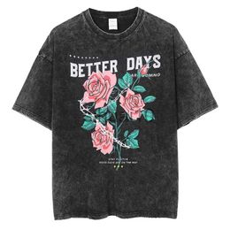 Men's T-Shirts 2023 New Cotton Vintage Washed T Shirt For Women T-shirt Rose Print Short Sleeve Tee Hip Hop Summer Men Clothes Black Top Blouse J230731