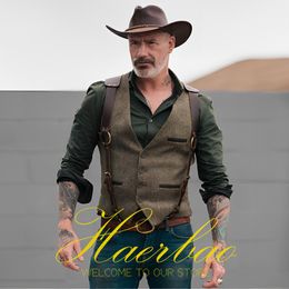 Men's Vests Men's Herringbone Vest Western Cowboy Style V Neck Vintage Wool Sleeveless Jacket Groom's Vest Waistcoat chaleco hombre 230731