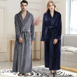 Men's Sleepwear Winter Men Extra Long Plus Size Warm Flannel Bathrobe Lovers Kimono Velvet Bath Robe Women Dressing Gown Coral Flce Slpwear