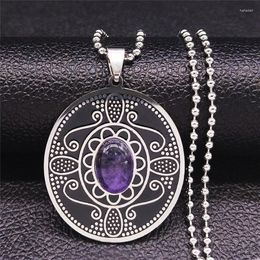 Pendant Necklaces Ethnic Natural Purple Crystal Vintage Stainless Steel Bohemia Oval Flower Necklace Chain For Women Jewellery N3611S04