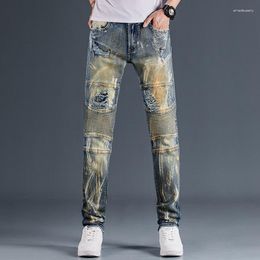 Men's Jeans Spliced Motorcycle Heavy Craft Nostalgia Broken Cut Stretch Straight Leg Denim Pants