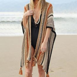 Women's Swimwear 2023 Beach Cardigan Sunscreen Shawl Knitted Stripe Hollowed-out Blouse Bikini Cover Up Woman