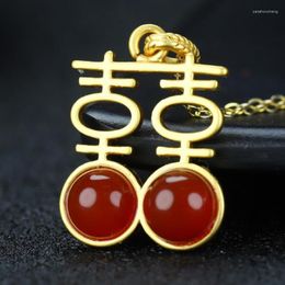 Pendants Natural Red Jades Double Happiness Chinese Symbol Pendant Necklace Women Fine Jewellery 24K Gold Plated Copper Lucky Amulet Gifts