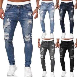 Mens Fashion Hole Ripped Jeans Trousers Casual Men Skinny Jean High Quality Washed Vintage Pencil Pants 5 Colora Size S-3XL258o