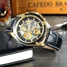 Wristwatches FORSINING Steampunk Mechanical Watches Military Skeleton Automatic Watch For Men Leather Strap Gold Black Clock
