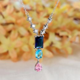 Pendant Necklaces Luxury Colourful CZ Stone Necklace White Gold Plated Teardrop Square Princess Clavicle Choker Wedding Jewellery
