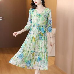 Casual Dresses 2023 Women Green Floral Silk Ruffled Long Dress Summer Boho Elegant Holiday Korean Fashion V-Neck Evening Skirt