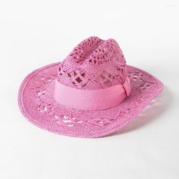 Wide Brim Hats Hollowed-out Hand-woven Bow Ribbon Cowboy Straw Hat Outdoor Tourism Sun Shading Tide