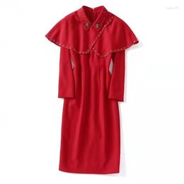 Casual Dresses European And American Women's Wear Autumn 2023 Long-sleeved Beaded Cape Lapels Fashionable Red Black Dress
