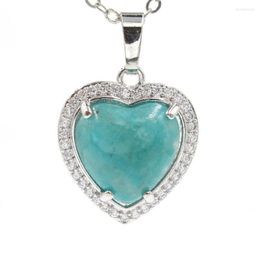 Pendant Necklaces Heart Charm Natural Stone Necklace Women Jewellery Shiny Zircon Pink Quartz Healing Amazonite Lapis Opal Purple Crystal