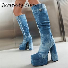 Boots Denim Large Size Women Tihck Bottom Platform Super High Heel Square Toe Knee Punk Sexy All Match Female 230731