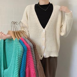 Women's Knits Korean Fashion V Neck Knitted Cardigan Women Loose Bat Sleeves Cropped Sweater Female Casual All Match Pink Tops