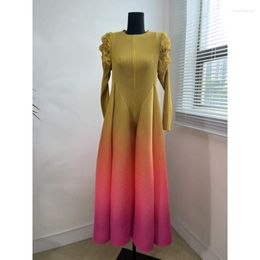 Casual Dresses Miyake Pleated Maxi Dress For Women 2023 Summer Three Quarter Sleeve O-Neck Female Fashion Elegant Evening Robe