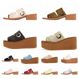 luxury slippers for woman Sandals Woody Espadrille Wedge Mules Canvas Slides beige Luxury Fashion kitten Slipper Thong Sling Back Square Toe Flat High Heel Platform